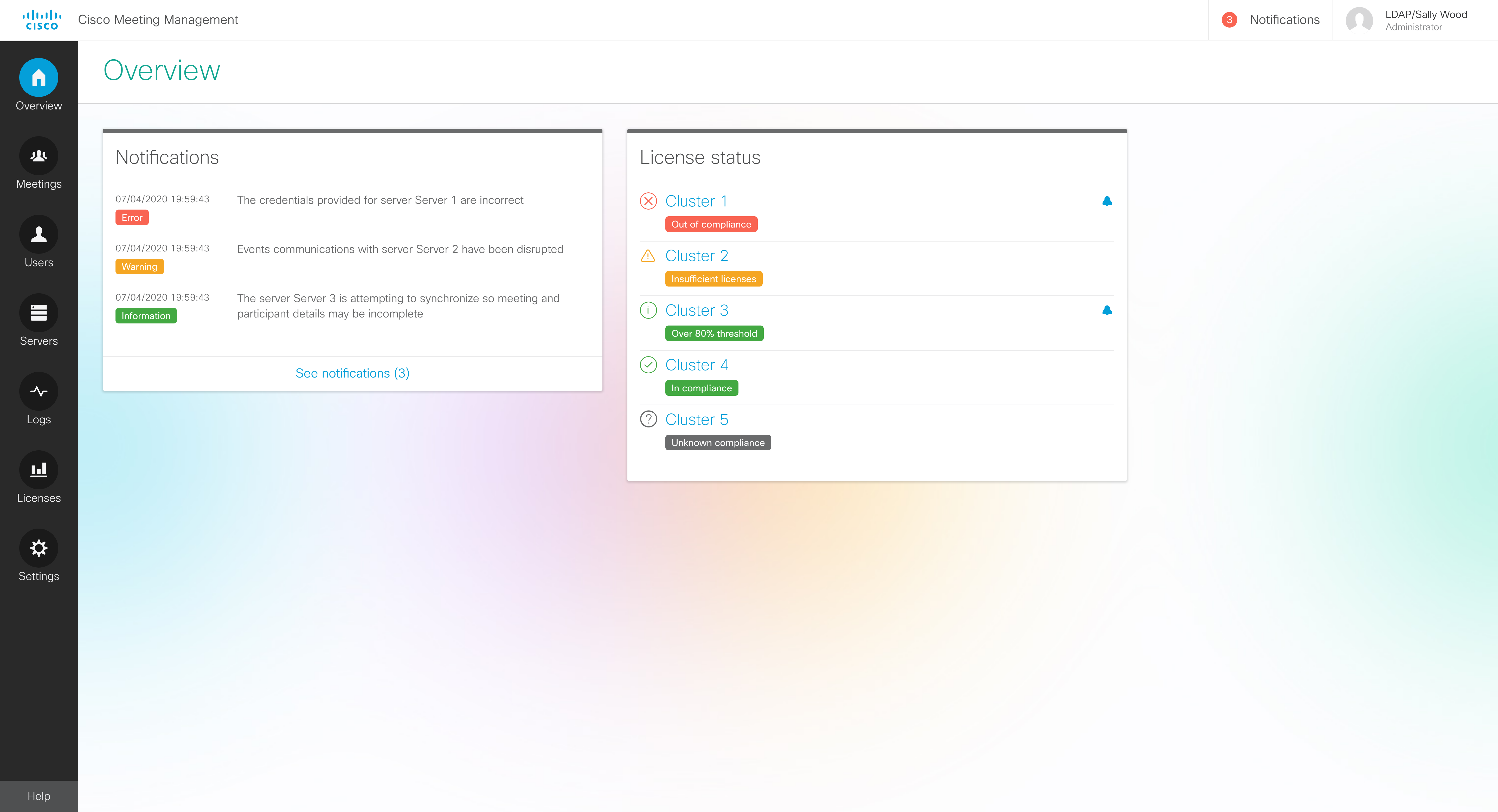 Overview view notifications and license status
