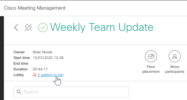 Screenshot showing lobby information in the top left corner of the meeting details view