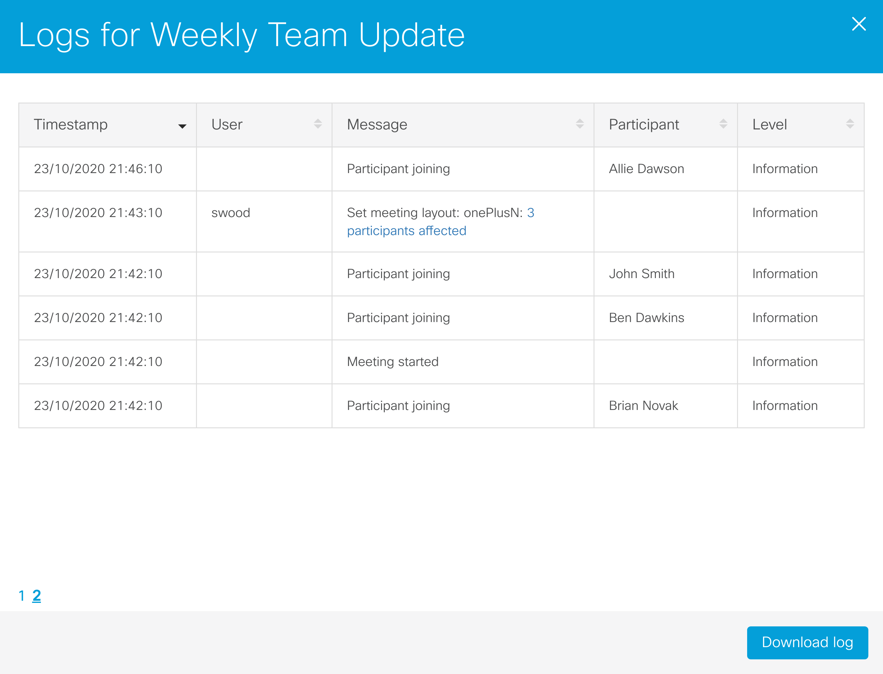 Screenshot showing the event logs dialog