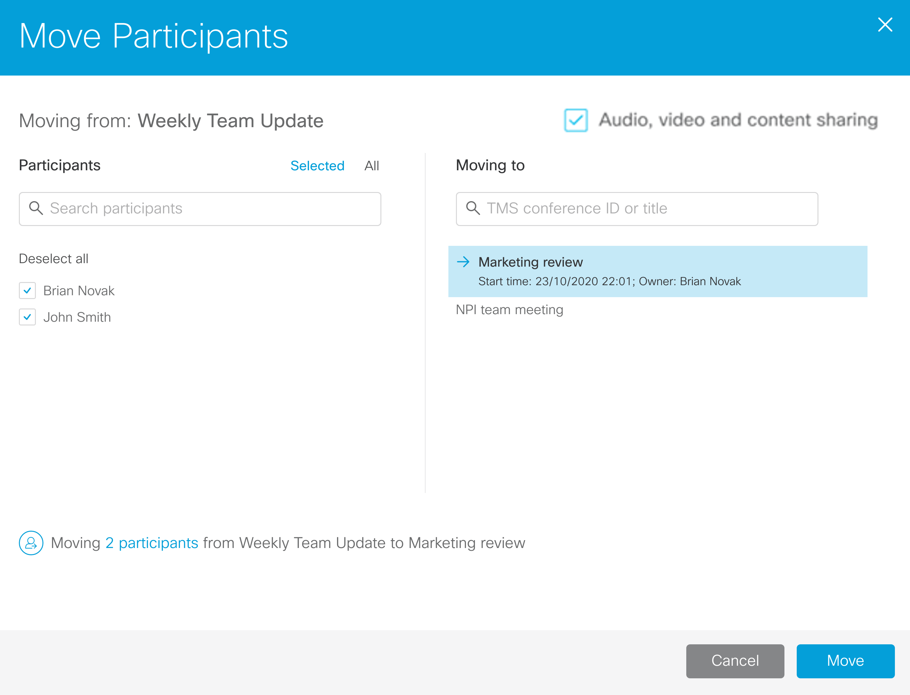 Screenshot of the Move participiant dialog with two participants selected