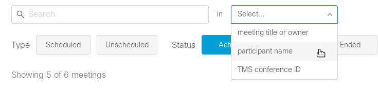 Search meetings filter drop-down