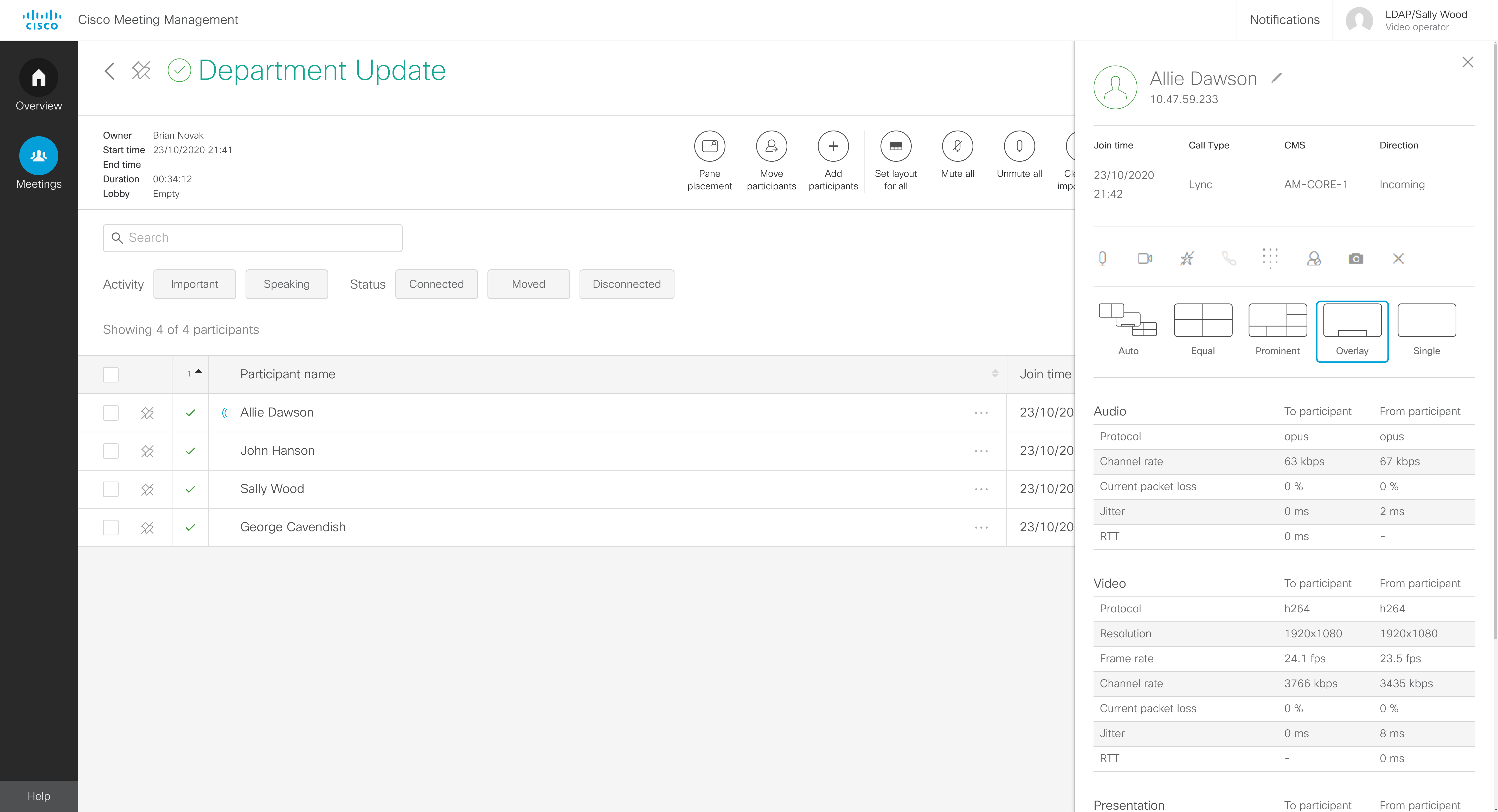Screenshot showing participant details for a Lync participant