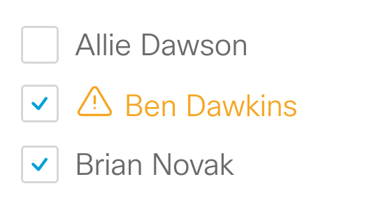 Cropped screenshot showing selected participants with a warning sign next to the name of one of them